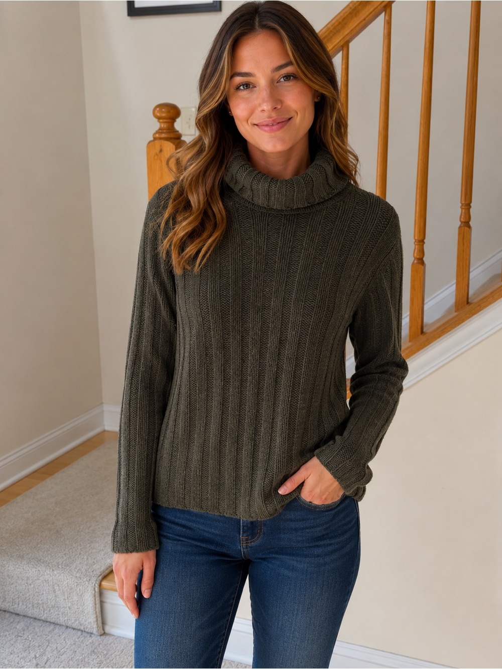 Women’s Dark Olive Ribbed Turtleneck Sweater – Cozy Knit